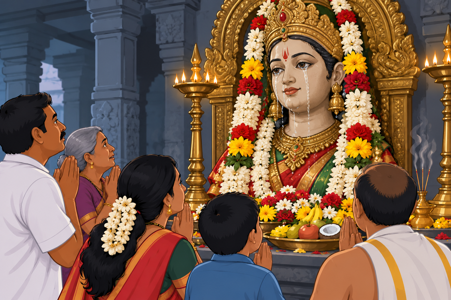 Illustration of a temple idol weeping tears
